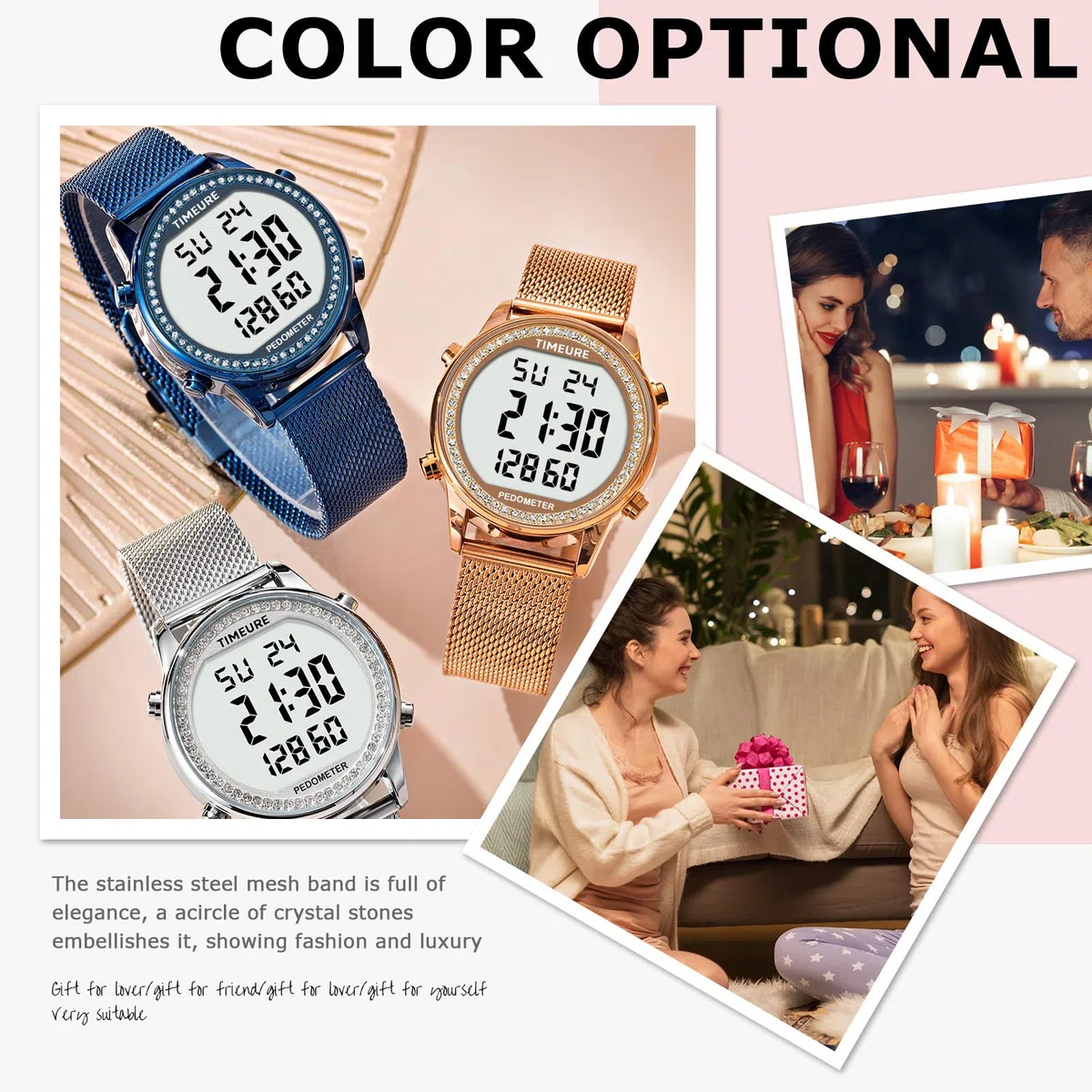 TIMEURE Reloj podómetro para mujer, con contador de pasos, piedra de cristal, sin aplicación, no necesita carga para pasos, calorías, seguimiento de distancia, alarma, temporizador de cuenta