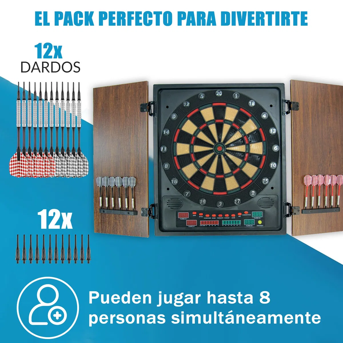 Diana Electrónica Eros | Diana con Puertas de Madera y Pantalla LED | 27 Juegos y 202 Variaciones | Multijugador hasta 8 Jugadores | Incluye 12 Dardos y Adaptador