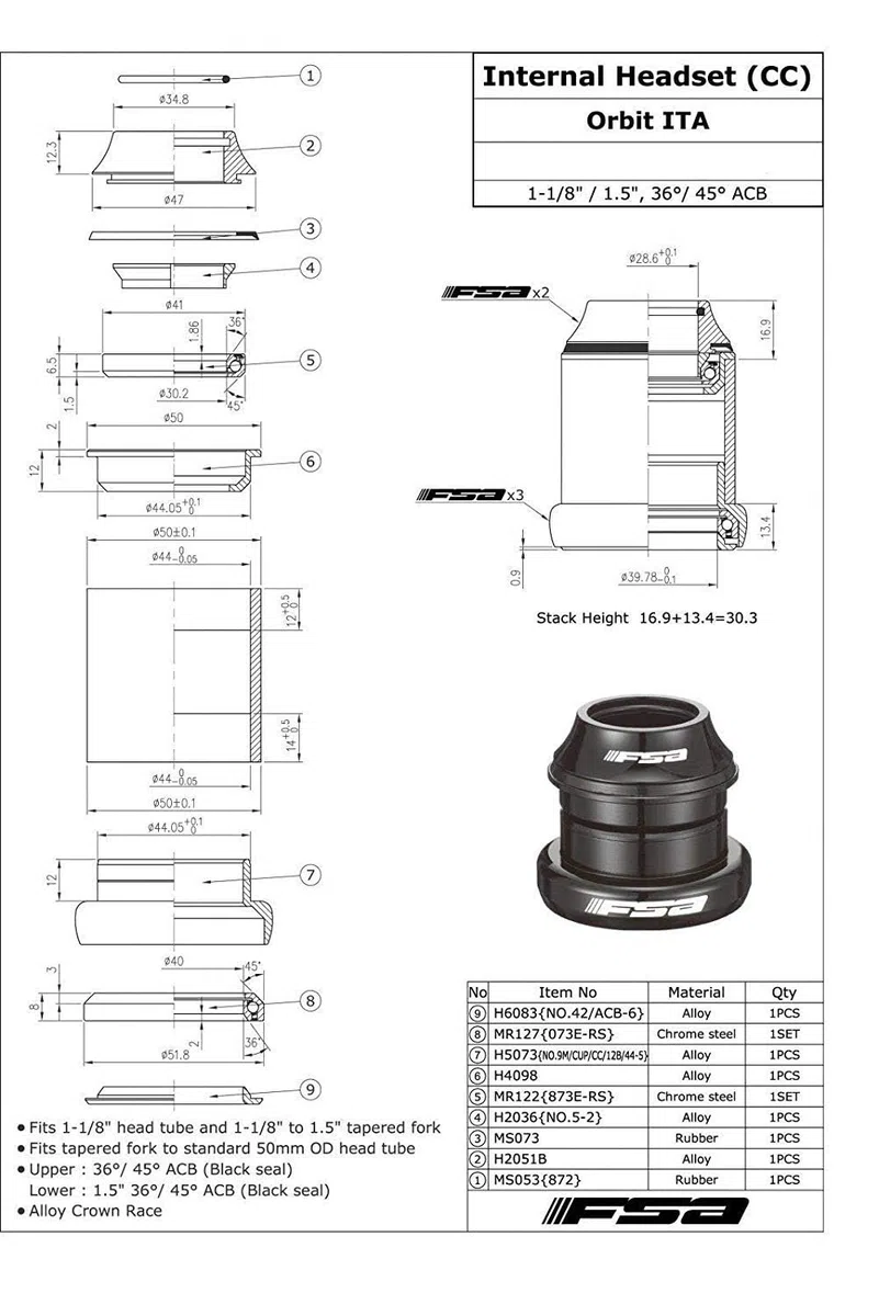 FSA Orbit ITA 1-1/8Inches to 1.5Inches Tapered Headset withTop Cap, NO.9M/CUP/CC/12B/44-A , XTE1664