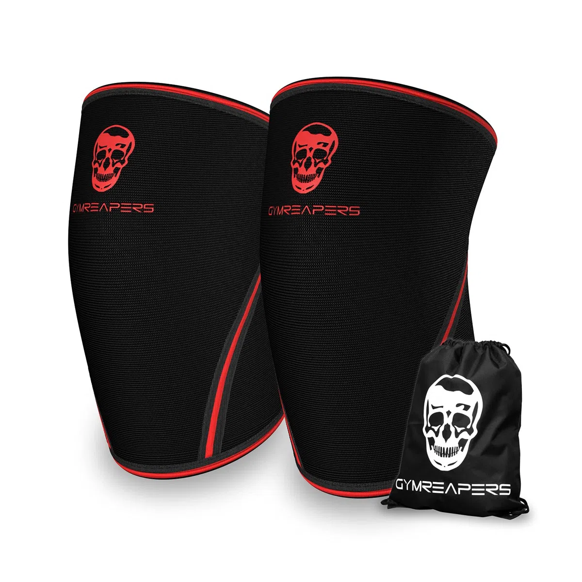 Gymreapers Rodilla Mangas (par W/Bolsa) – Rodilla compresión Manga Apoyo para Sentadillas, Levantamiento de Pesas, y Levantamiento de Potencia 7 mm Neopreno Mangas, Negro/Rojo