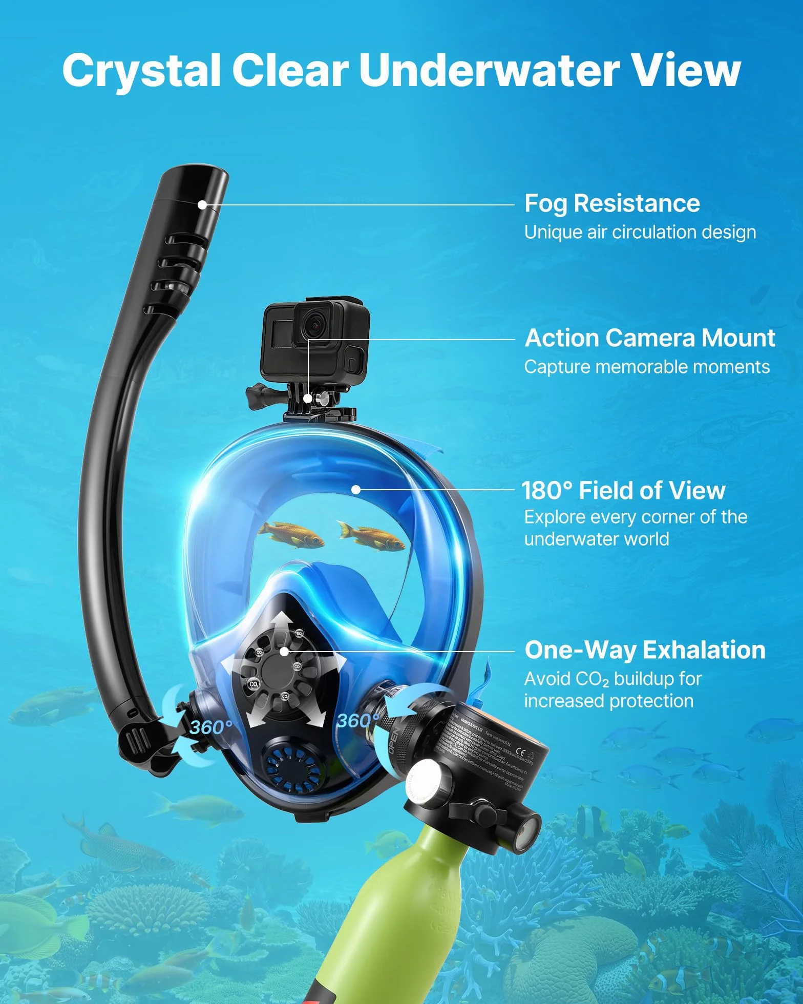 VEVOR Mini Botella de Buceo de 0,5 L, Juego de Tanque de Buceo Portátil con Máscara de Snorkel y Bomba Manual, Tiempo de Inmersión de 5 a 10 Minutos, Bombona de Oxígeno Recargable, para Bucear Rescate