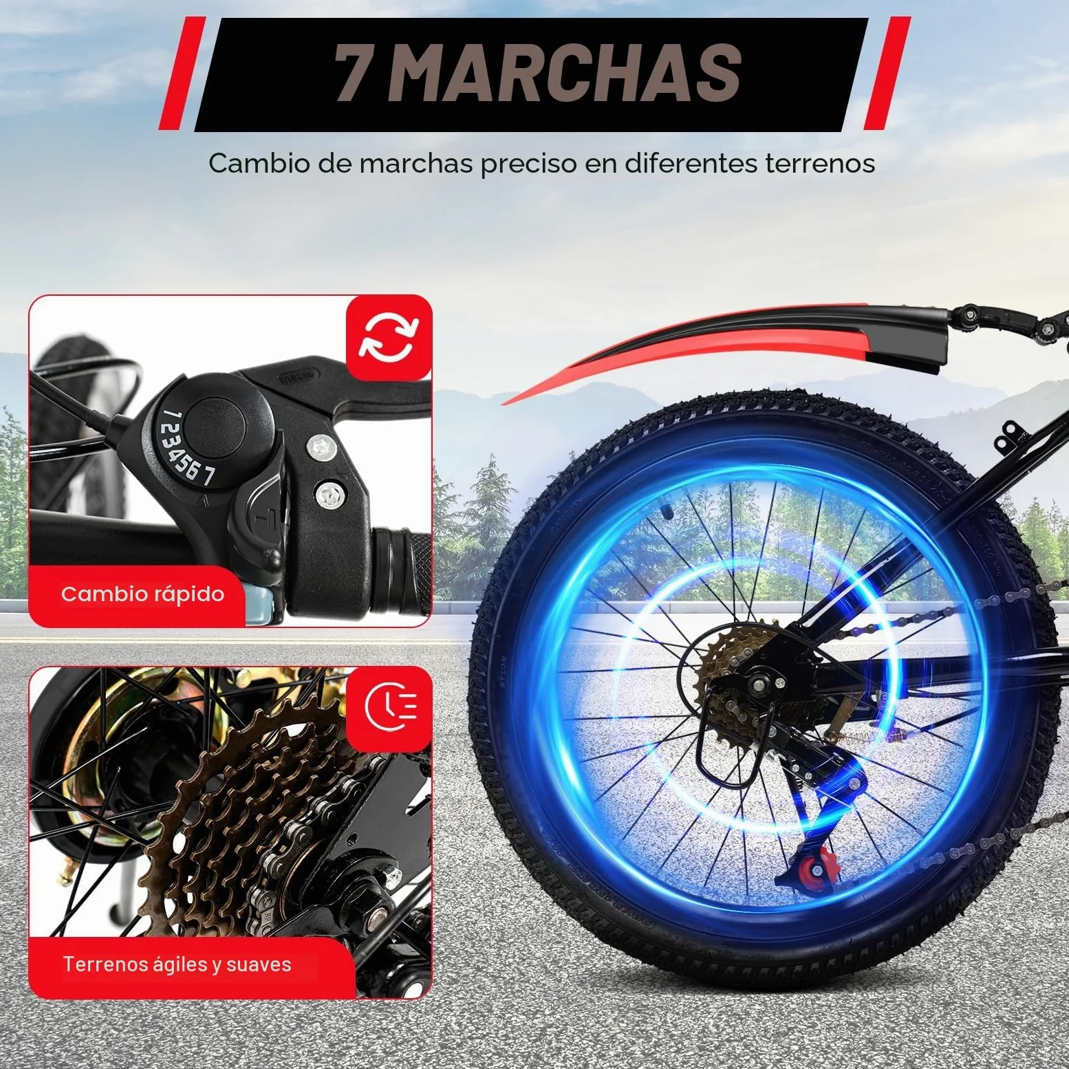 Bicicleta infantil de 20 pulgadas, Bicicleta de montaña de 7 velocidades, color rojo con guardabarros, bicicleta juvenil mejorada, rueda de acero al carbono, bicicleta de montaña de 8 a 13