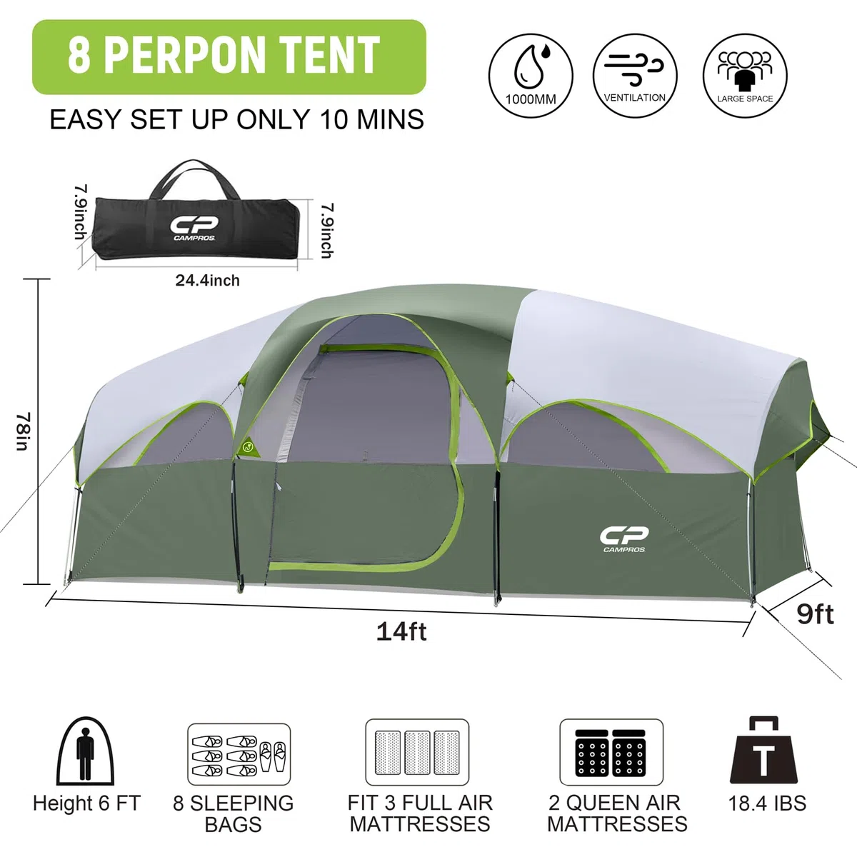 CAMPROS CP Tienda de Campaña 6-8 Personas, Tienda Familiar Grande 427 x 274 x 183 cm, 2 Habitaciones con Separador, Altura Cómoda, Montaje Rápido en 5 Minutos, Ventilada, Camping Familiar