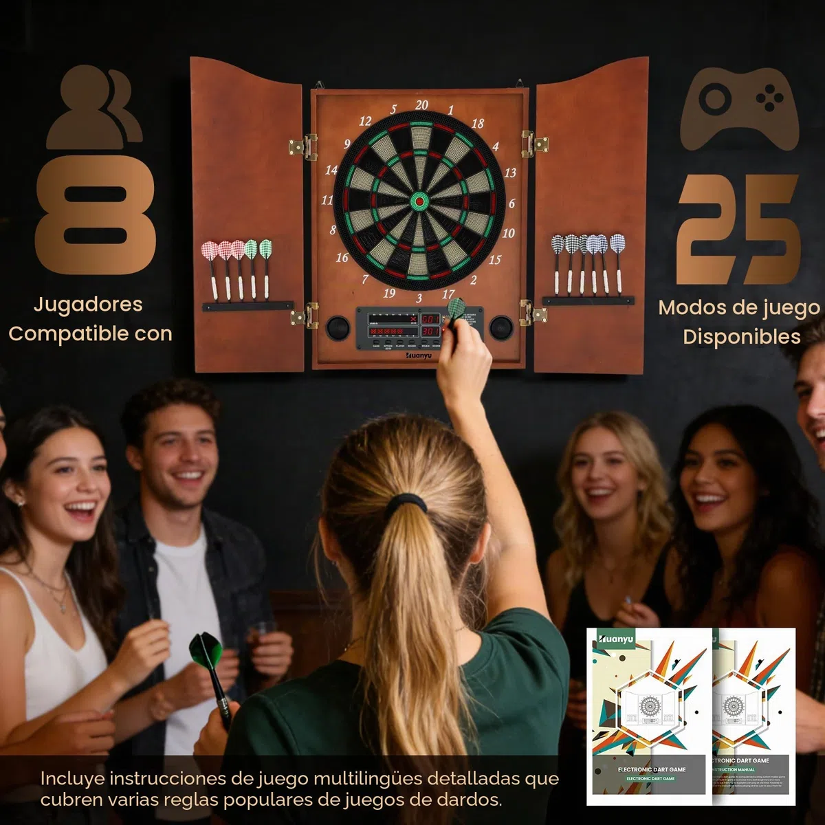 Huanyu Diana electrónica Juego de Diana LED con Armario para Adultos con 12 Dardos de Punta Blanda para hasta 8 Jugadores, 25 Juegos, Ideal para Salas de Juegos Familiares y Bares