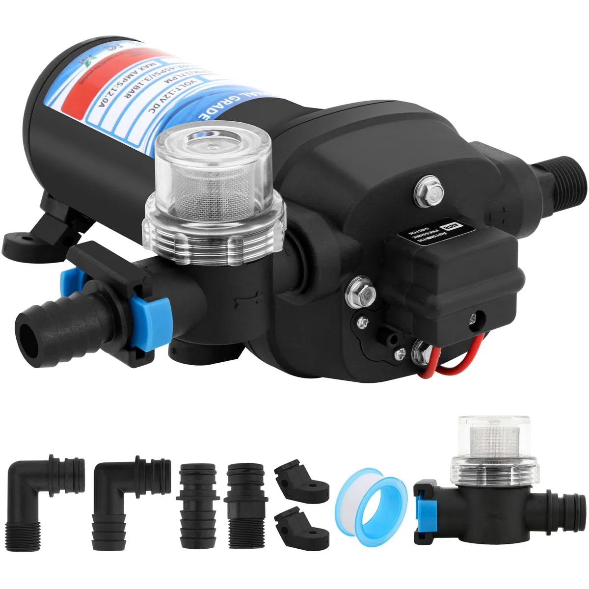 Bomba de Membrana Autocebante12V, 45 PSI, 17 L/min, Bomba de presión de agua Autocebante con Interruptor de Presión, Bomba de Agua Automática con Filtro Rápido, para Riego de Jardín, Caravanas, Barcos