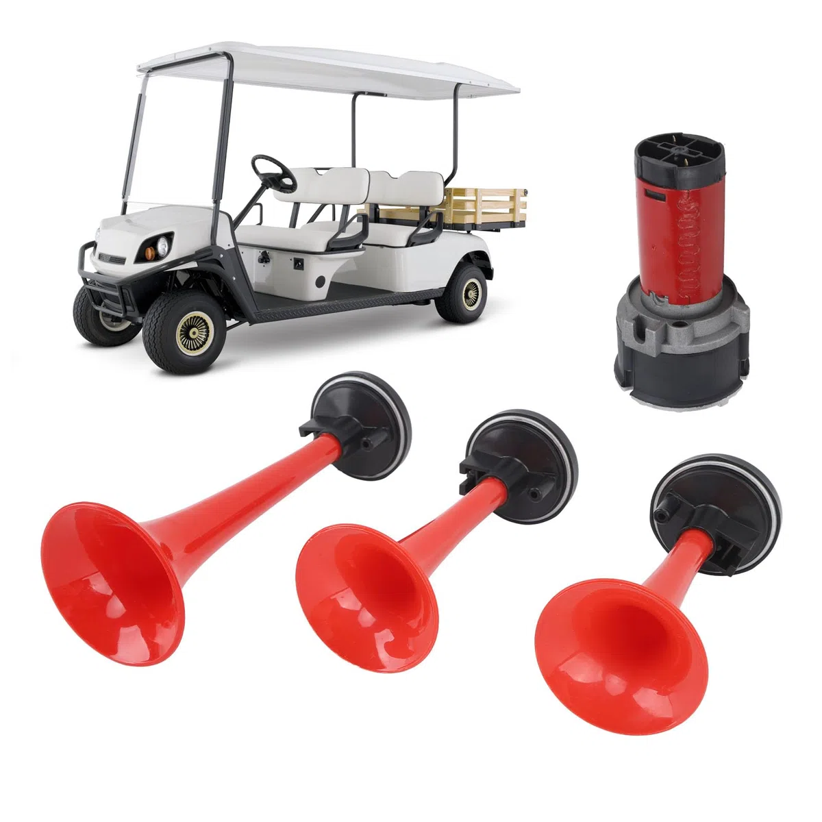 Bocina de Aire Musical 3 Trompeta 125dB Sonido Fuerte La Cucaracha 12V Resistente con Compresor de Aire y Manguera para Camión Tren Barco Coche