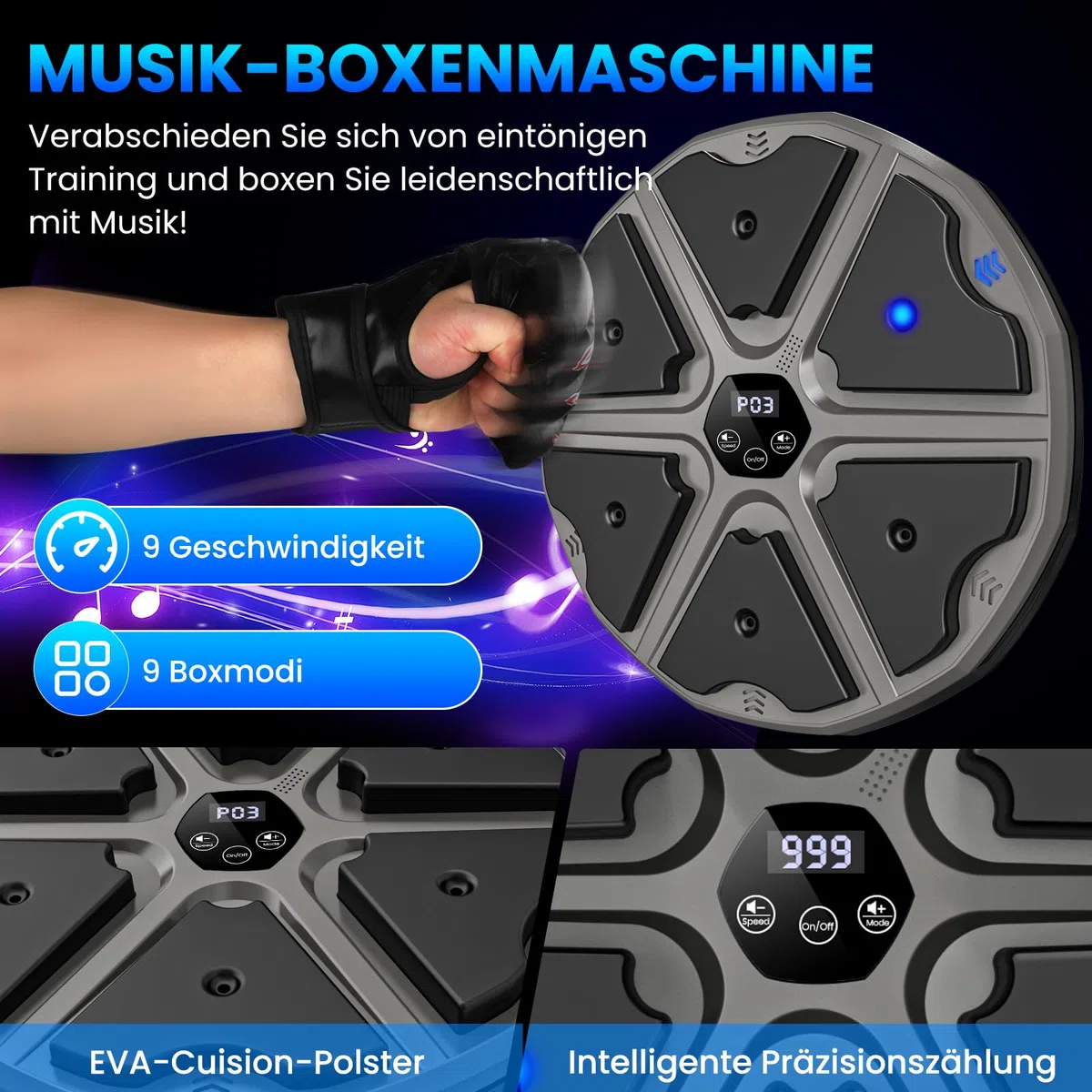 Music Boxing Machine, LED Electronic Music Boxing Machine con guantes de boxeo, 9 modos de velocidad y modo de conteo compatible con Bluetooth, regalo para adultos y niños