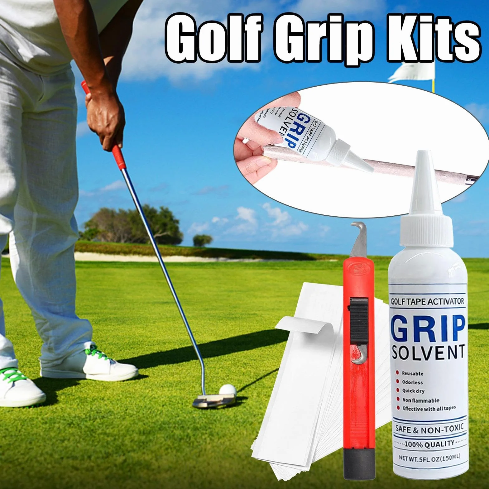 Kit De Agarre De Golf Para Regripper Clubes De Golf - Grip Solvente Golf Grip Tape Bandas Gancho Hoja - Kit De Cinta Adhesiva De Golf Y Solvente, Kit De Instalación De Mango De Golf Para Reparar