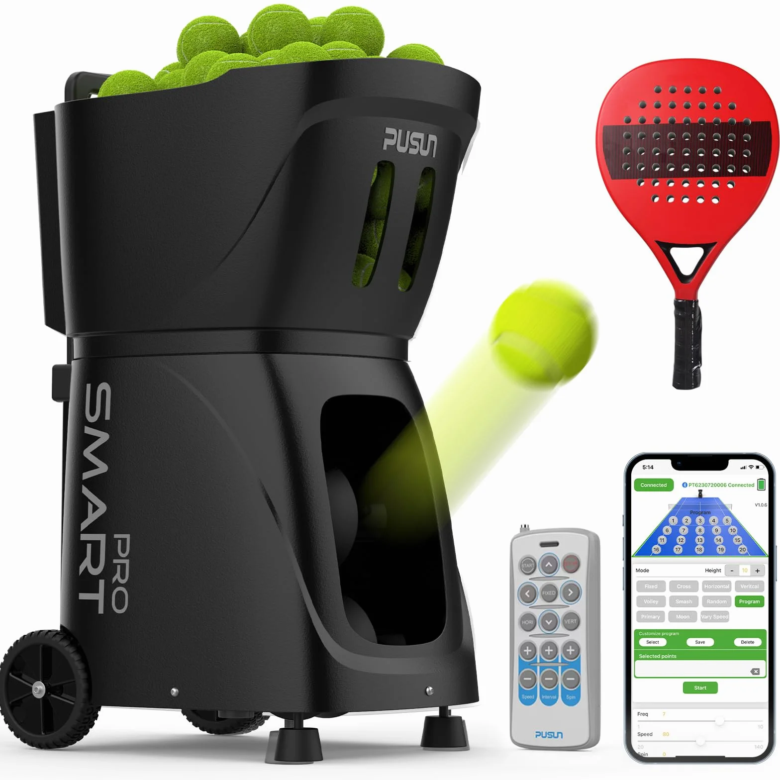 PUSUN Padel-Smart Pro-Máquina Lanzapelotas de Pádel Profesional | Simulación de Rotación Interna | Control App Remoto | 20 Puntos 12 Modos de Entrenamiento | 4-6 Horas de Batería