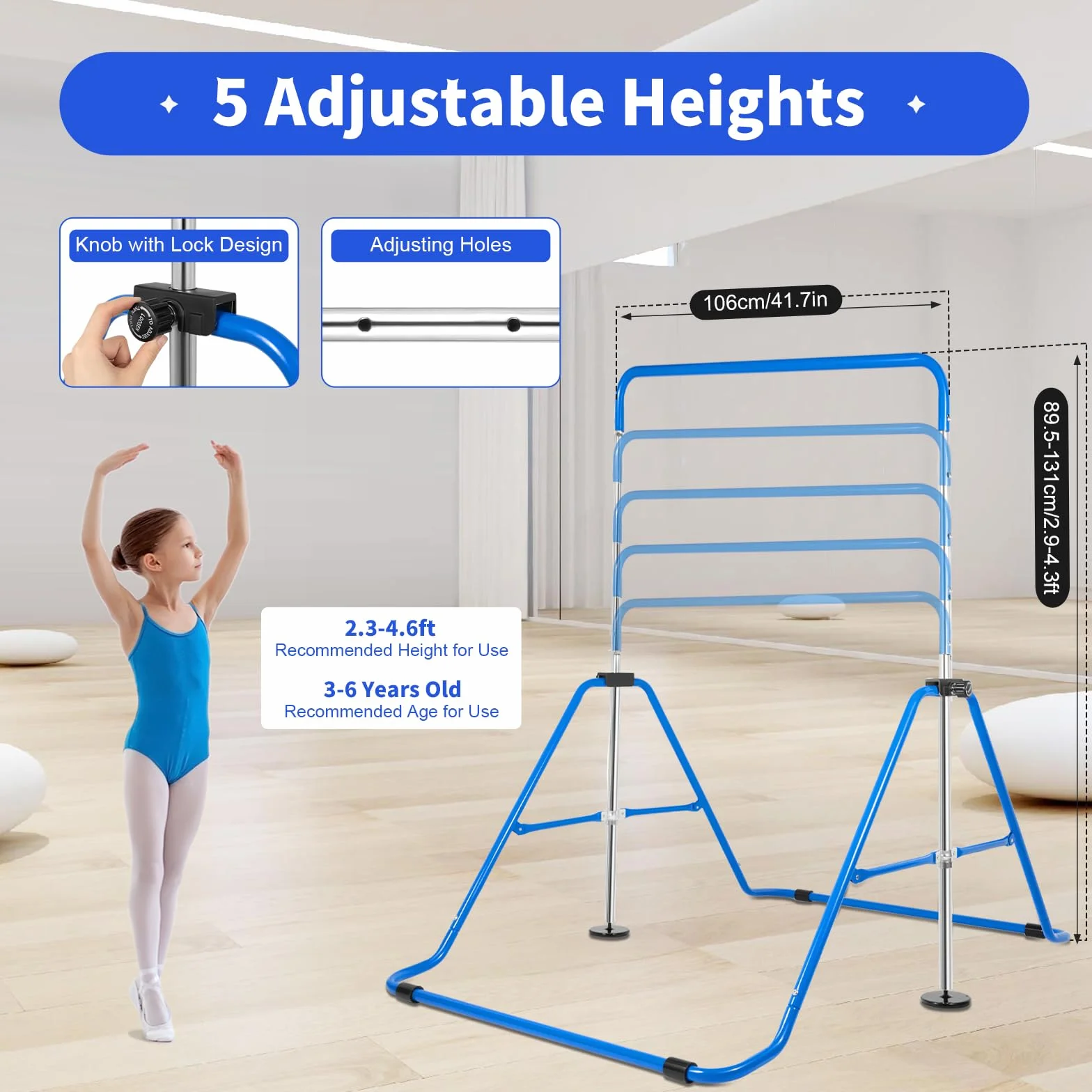 Turnreck Gimnasia Niños Altura Ajustable Jardín Barra de Entrenamiento Horizontal Bar Barra de Gimnasia Barra de Gimnasia para Interior y Exterior, Capacidad de Carga de 150 kg