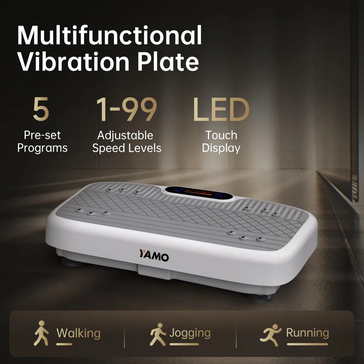 YAMO YV20 Plataforma Vibratoria Fitness | 99 Niveles de Velocidad, 5 Programas, Mando a Distancia y Bandas de Resistencia | Pantalla LED Táctil, Capacidad Carga de 150KG