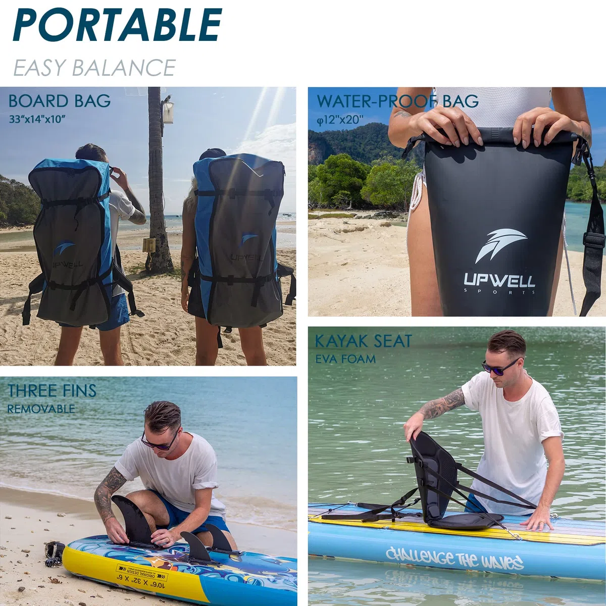 UPWELL Tabla de Paddle Surf Hinchable de 11'/10'6'' con Accesorios de Sup Que Incluyen Mochila, Kits de reparación, Cubierta Antideslizante, Asiento de Kayak, Correa, 3 Aletas, Remo y Bomba de Mano