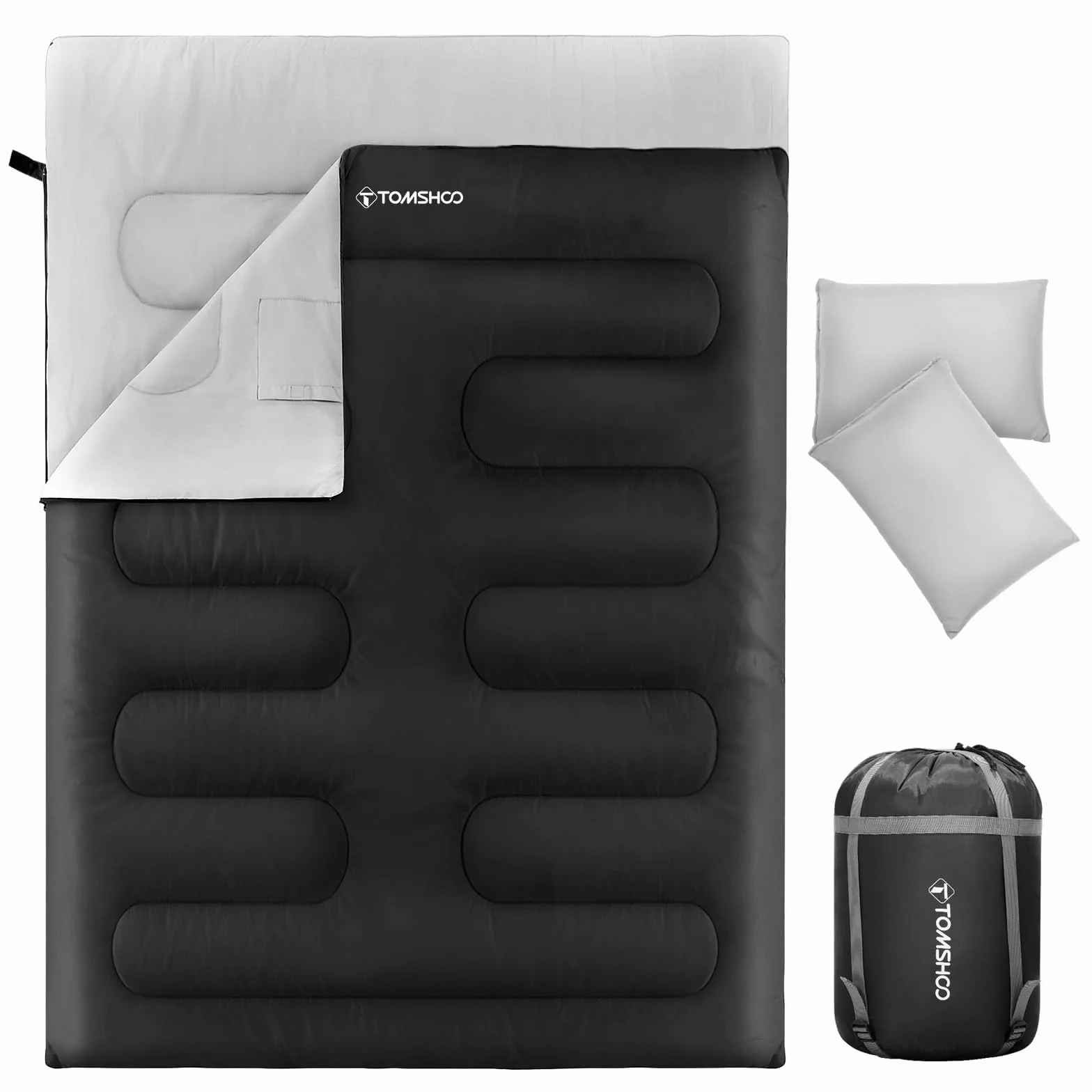 TOMSHOO Saco de Dormir Doble, 230 x 160 cm Saco de Dormir Campismo 2 Personas Extragrande con 2 Almohadas, 3-4 Estaciones Saco de Dormir Adult Doble para Acampar Senderismo Viajes Exterior Hogar