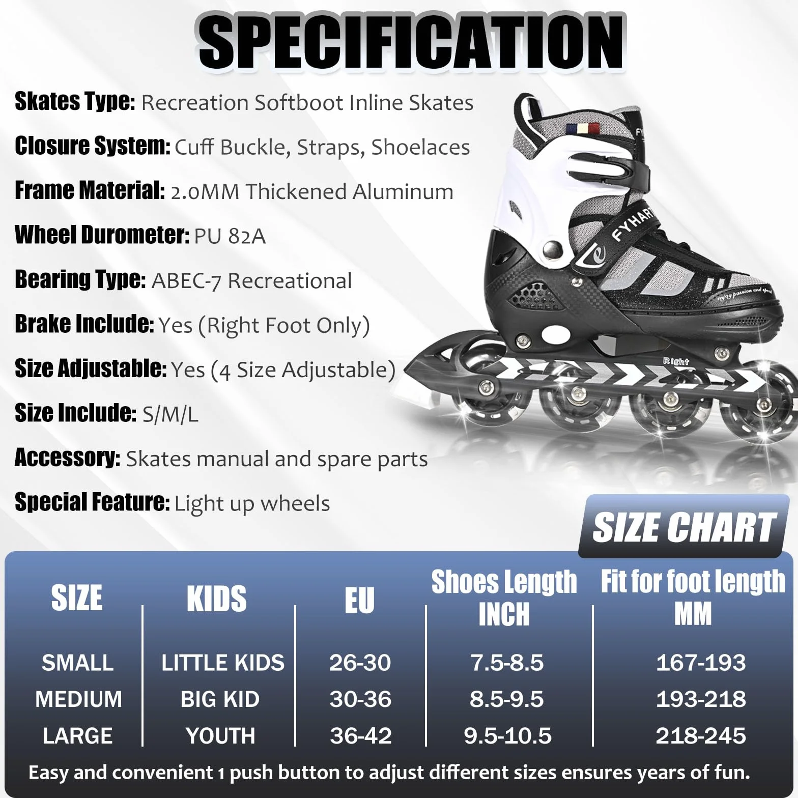 Patines en línea Ajustables para niños y niñas, Patines en línea de 4 Ruedas para Adolescentes y Adultos con Ruedas Luminosas para Deporte, Negro y Blanco