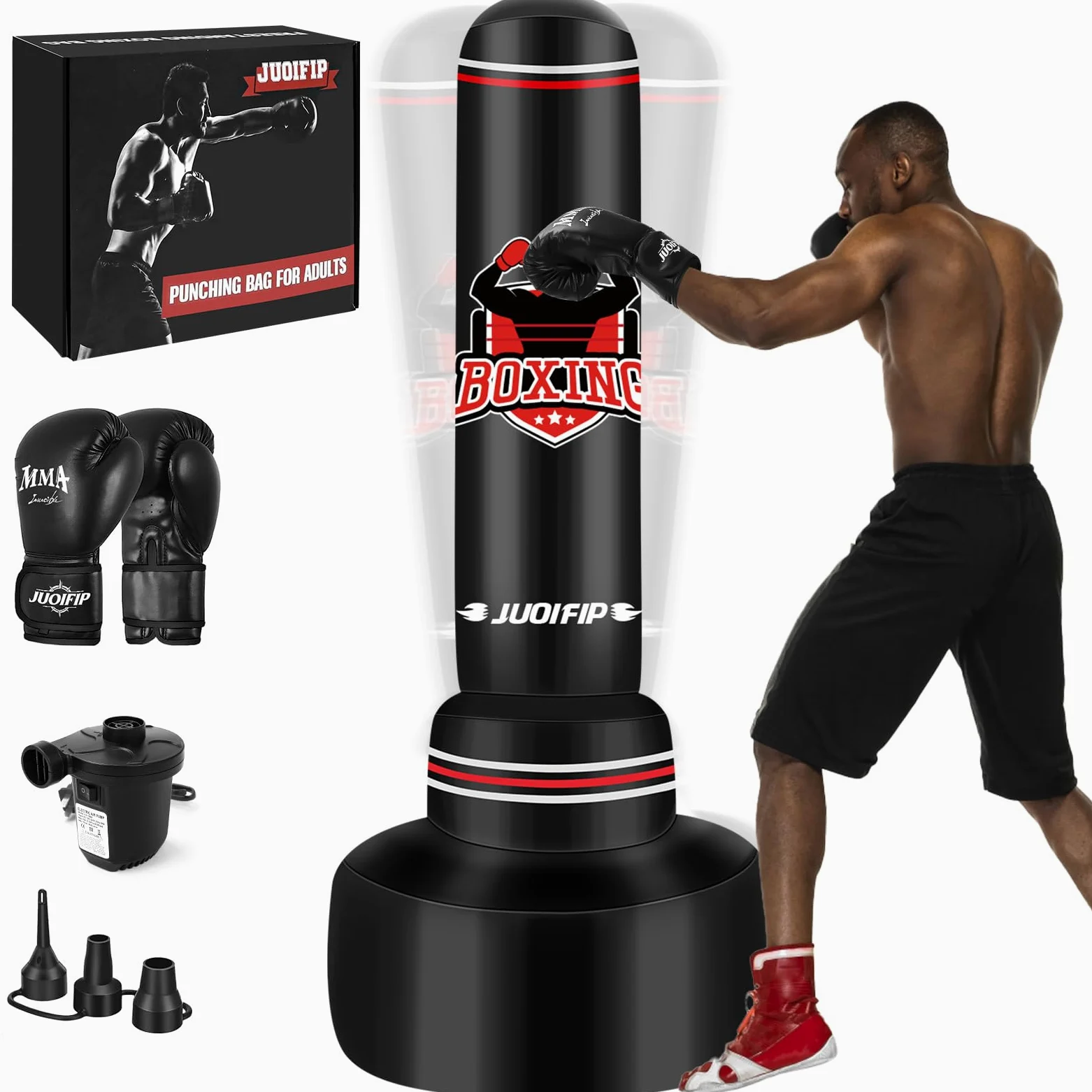 Saco de Boxeo con Soporte 180cm- Saco de Boxeo Adulto con Guantes de Boxeo y Bomba de Aire eléctrica, Mujeres Hombres Stand Kickboxing Bolsas para Entrenamiento MMA Muay Thai Fitness Principiantes