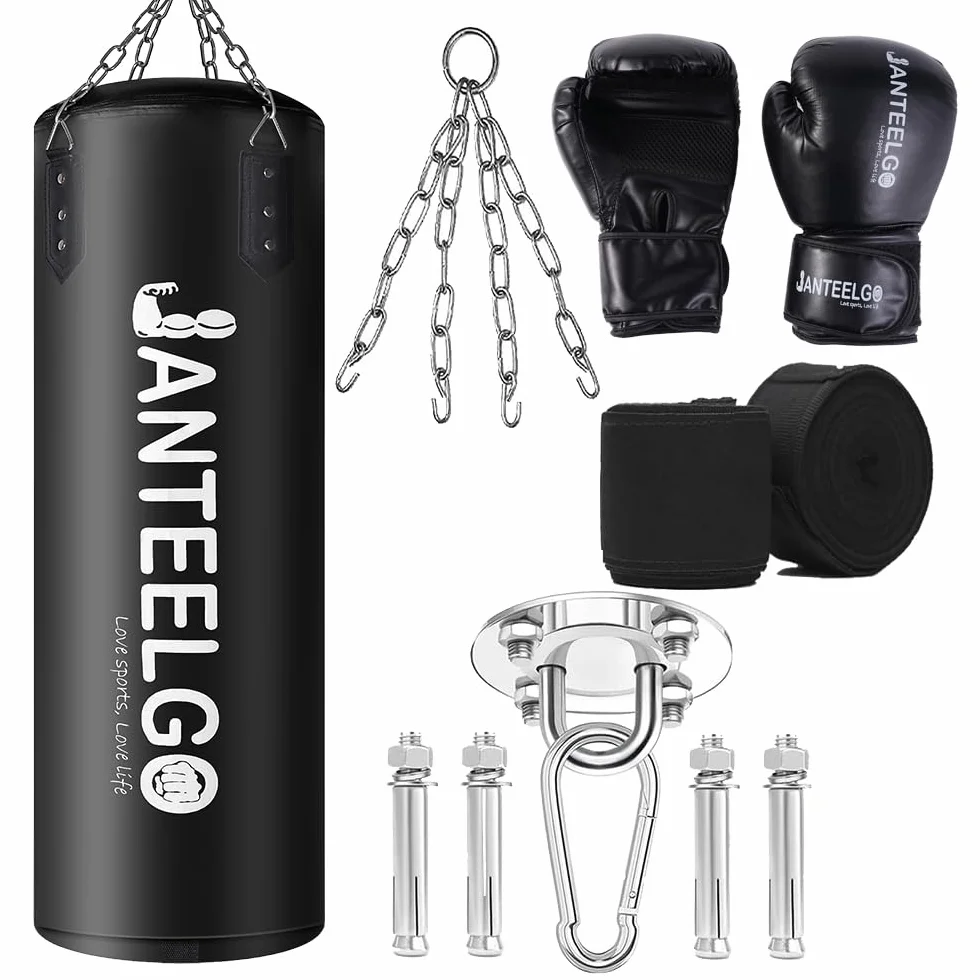 Saco de Boxeo Sospeso e Saco Boxeo Adulto Sin Relleno JanTeelGO 100 cm Materiale PU con Catena di Montaggio e Gancio a Soffitto Uomo Donna Adolescenti Bambino MMA Kick Boxing Muay Thai Karate