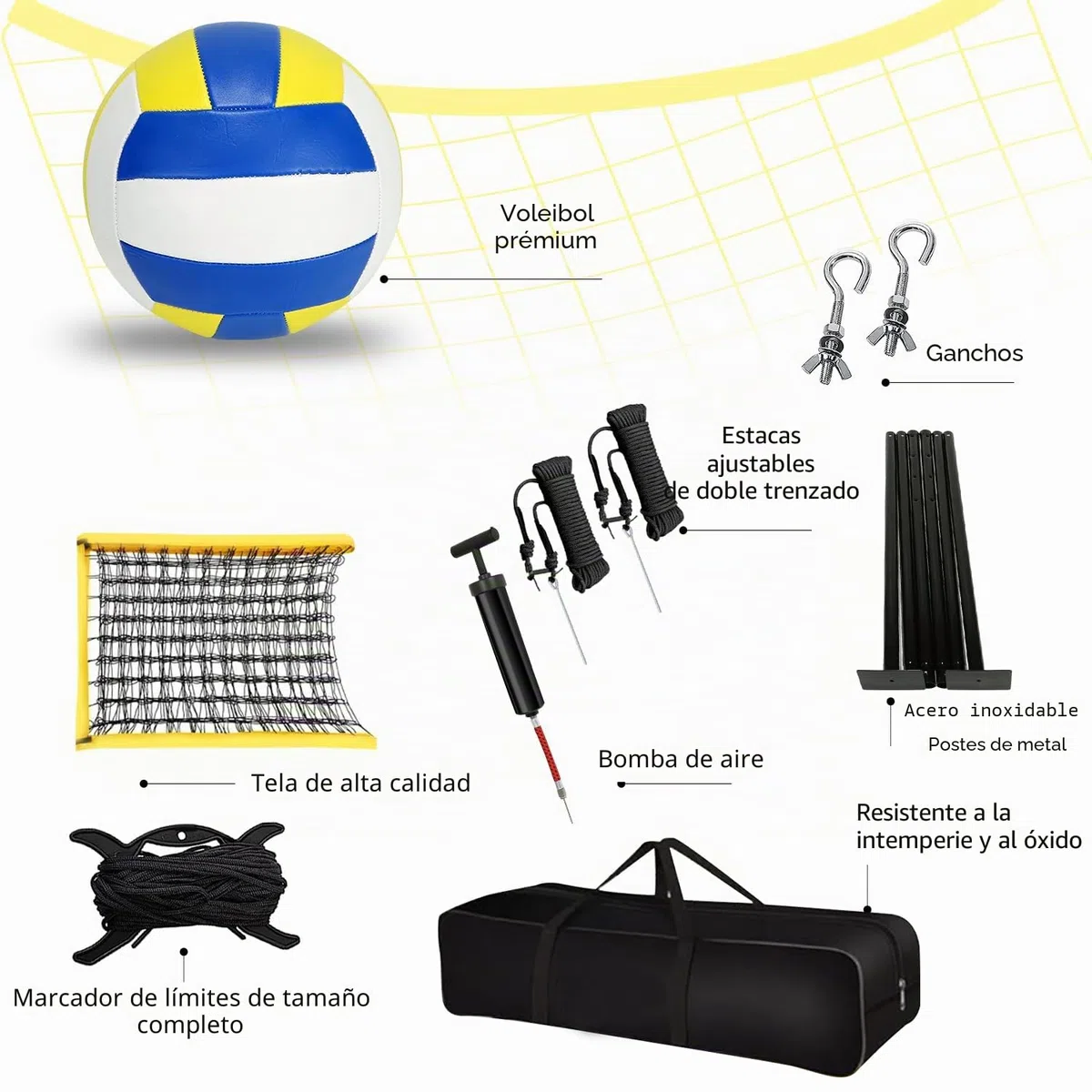 Juego de Red de Voleibol, 9,5 m x 1 m, Juego de Voleibol de Playa, Juego Completo de Red Plegable con Postes de Acero, Marcas de Campo, Voleibol y Bolsa de Transporte, líneas de Voleibol, Altura