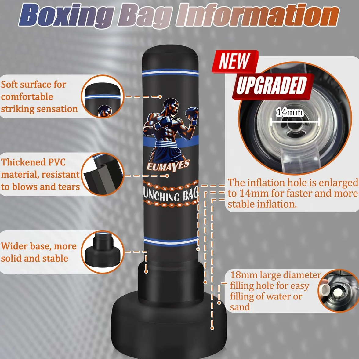 Saco de Boxeo con Soporte Adulto, 180cm Saco de Boxeo de Pie con Bomba de Aire eléctrica, Inflable Kickboxing Bolsa Independiente para Entrenamiento Taekwondo Muay Thai Principiantes