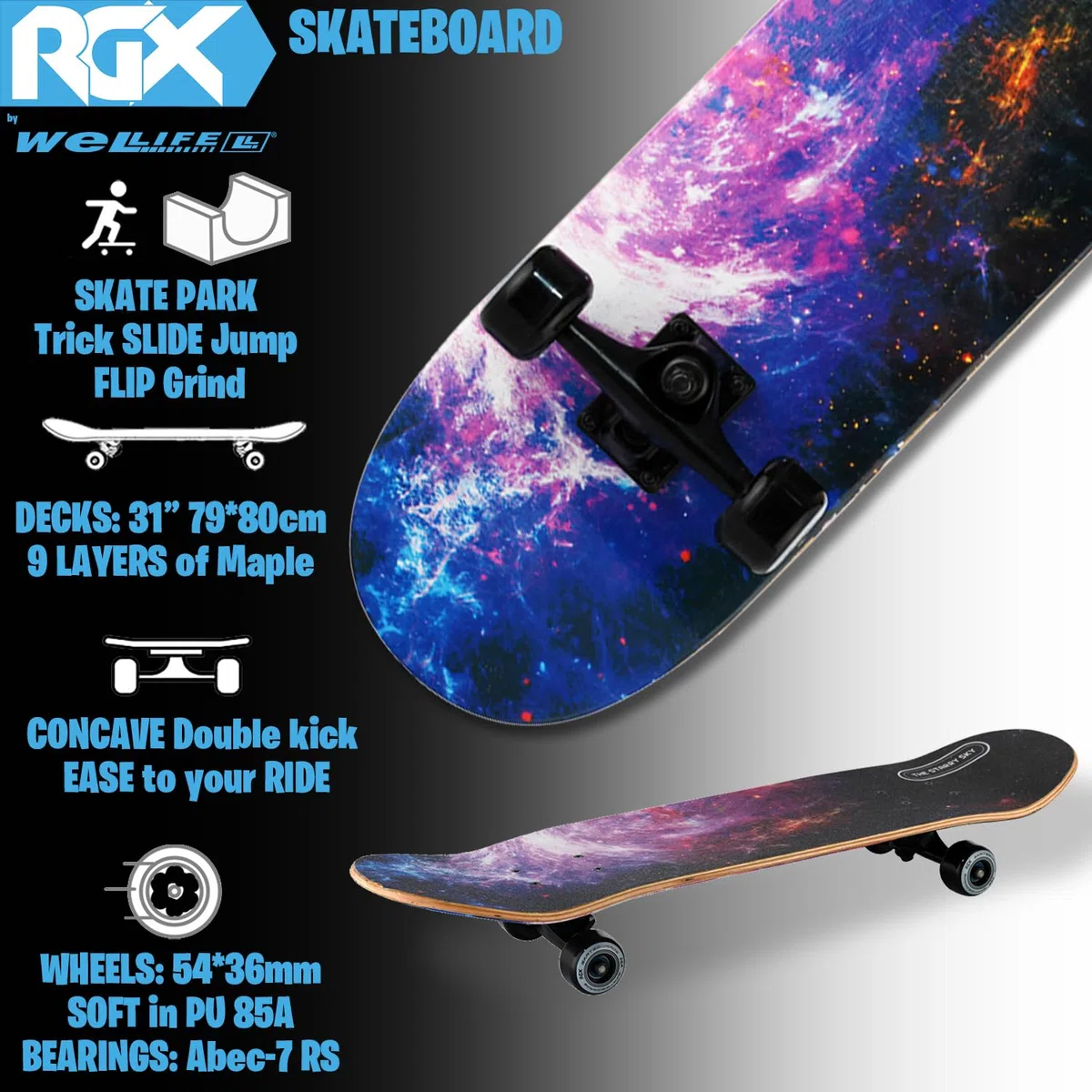 WeLLIFE Monopatín completo para principiantes – Serie RGX de madera de 80 x 20 cm, 9 capas de arce cóncavo Double Kick, rodamientos ABEC-7, dibujo sobre Grip Tape – Apto para niños, jóvenes y adultos