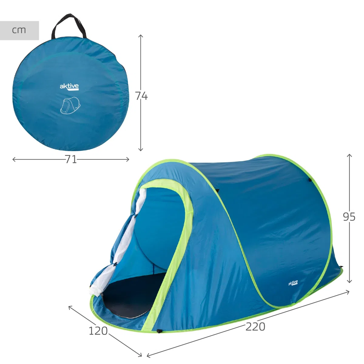 AKTIVE Tienda de campaña Pop up, 2 Personas, Incluye piquetas, Varillas Fibra de Vidrio, Tejido poliéster, Doble Techo, Mosquiteras