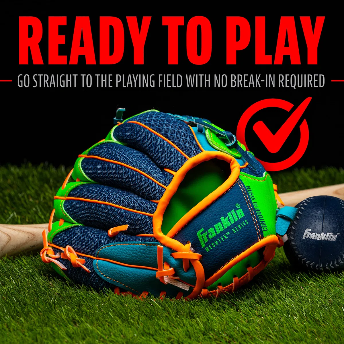 Franklin Sports Teeball Recreational Guante de béisbol y Pelota, 24 cm - 22812, Lanzamiento Mano Derecha, 9.5 Inches, Azul Rey/Verde Lima/Naranja