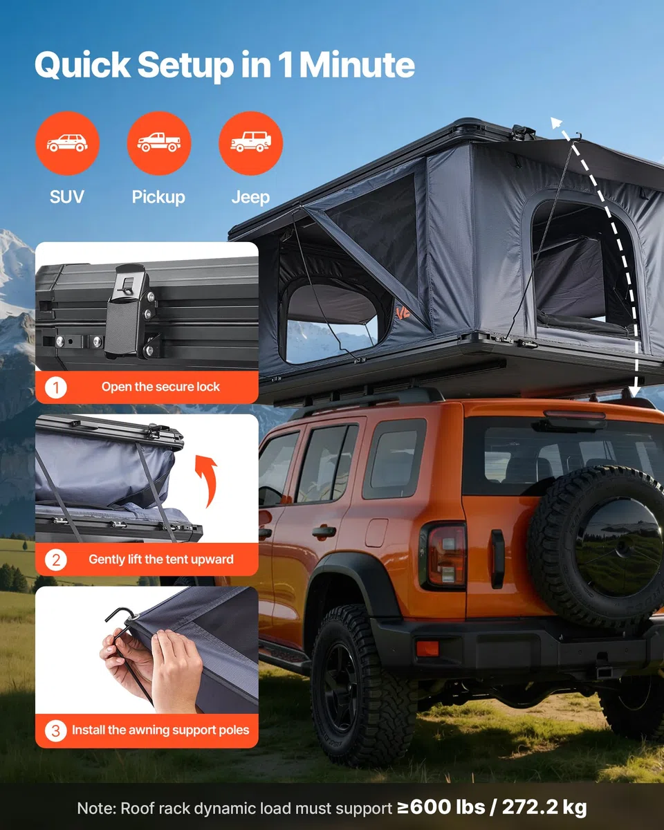 VEVOR Tienda de Techo Rígida para 2-3 Personas, Tienda de Campaña para Techo de Coche con Luz LED, Colchón Grueso y 2 Ventanas, Impermeable y Resistente al Viento, para Jeep, SUV, Camionetas