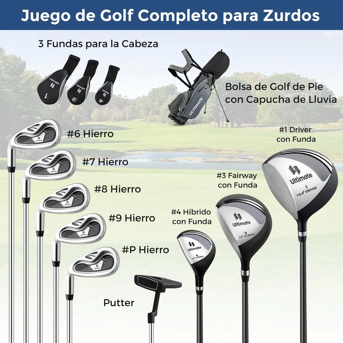 GOPLUS Juego de Golf Completo para Hombre, Juego de Palos de Golf Portátil para Zurdos con Correa de Hombro y Asa, Driver #1, Fairway #3, Híbrido #4, 5 Palos de Hierro y un Putter