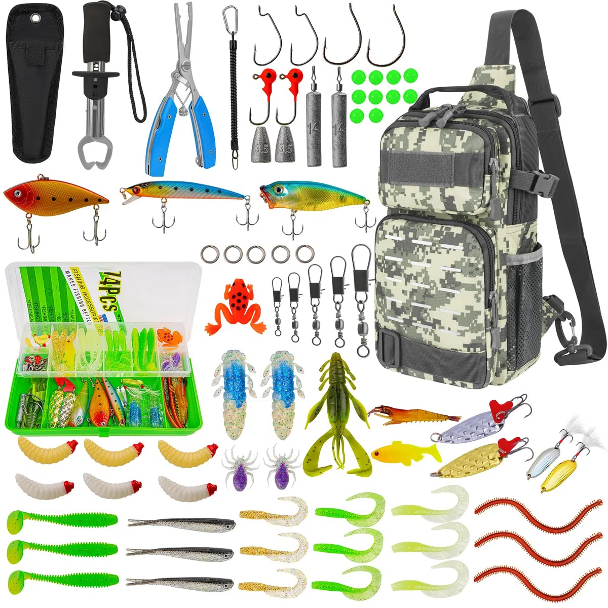 THKFISH Juego de 79 bolsas de pesca, mochila impermeable con cajas, bolsa de pesca, incluye alicates, cebos, removedor de anzuelos y agarre de labios