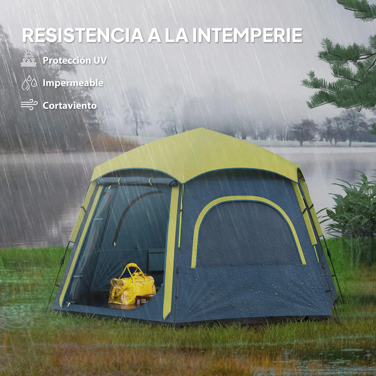 Outsunny Tienda de Campaña para 2-4 Personas Tienda de Camping Plegable con Fácil Instalación Ventanas de Malla Gancho y Bolsa Transporte Protección UV Impermeable 3000+ para Senderismo