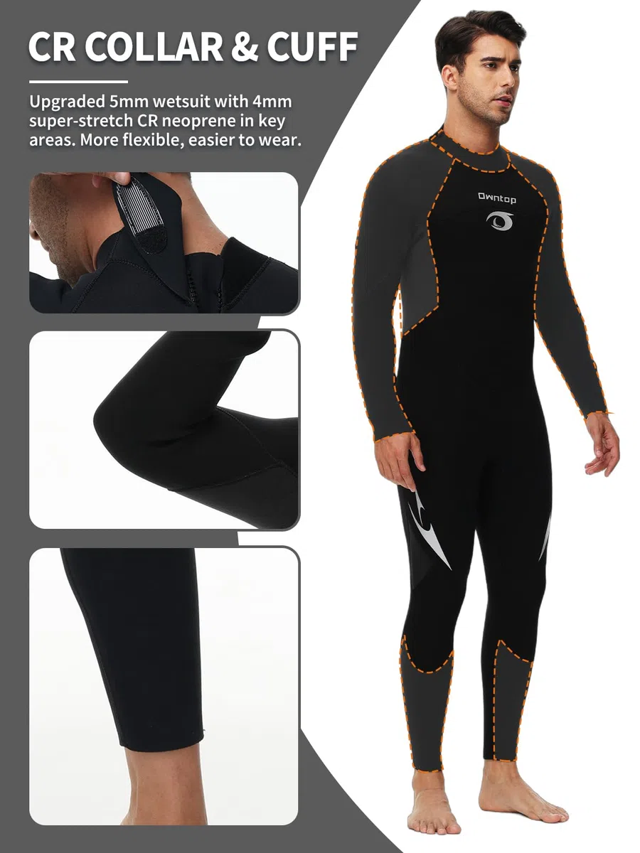 Owntop Traje de neopreno de 5 mm para hombres y mujeres, traje de neopreno grueso, manga larga con cremallera trasera UPF50+, mantiene el calor, traje de baño para buceo, surf, natación, buceo