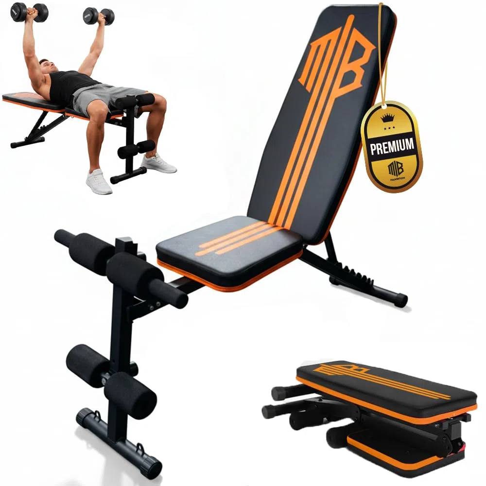ManiBoom Banco Musculación PLEGABLE para Entrenamiento en Casa Banco de Pesas Robusto con Altura Ajustable 7 Niveles Tabla de Abdominales Cómoda y Fácil de Montar Maquina Gym Carga Máxima de 250KG
