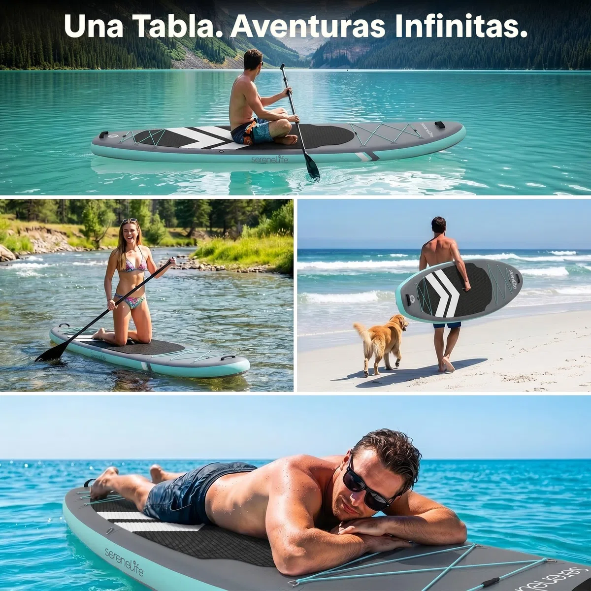 SereneLife Tabla Paddle Surf Hinchable, Ultra Ligera, Diseño Extra Ancho y Estable, con Almohadilla de Cubierta EVA Antideslizante, para Jóvenes y Adultos, Capacidad de 158.7kgs