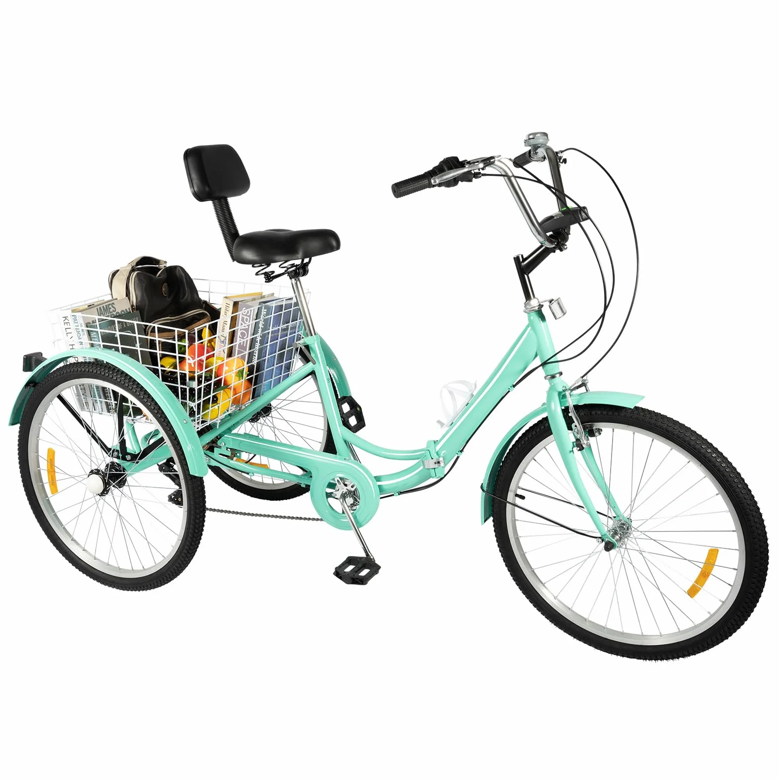 Triciclo de 24 pulgadas de 7 velocidades para adultos, bicicleta de crucero de 3 ruedas, bicicleta de carga, triciclo plegable con portavasos y cesta de verduras, ajustable para adultos