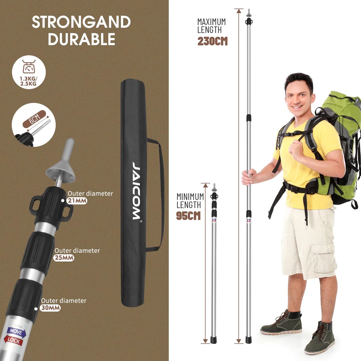 JAICOM Bastones telescópicos para Tienda de campaña, Juego de 2-4 Postes de Aluminio Extensibles y Ajustables, 95-230 cm, adecuados para Camping, Tienda de campaña, Lona, toldo, Playa