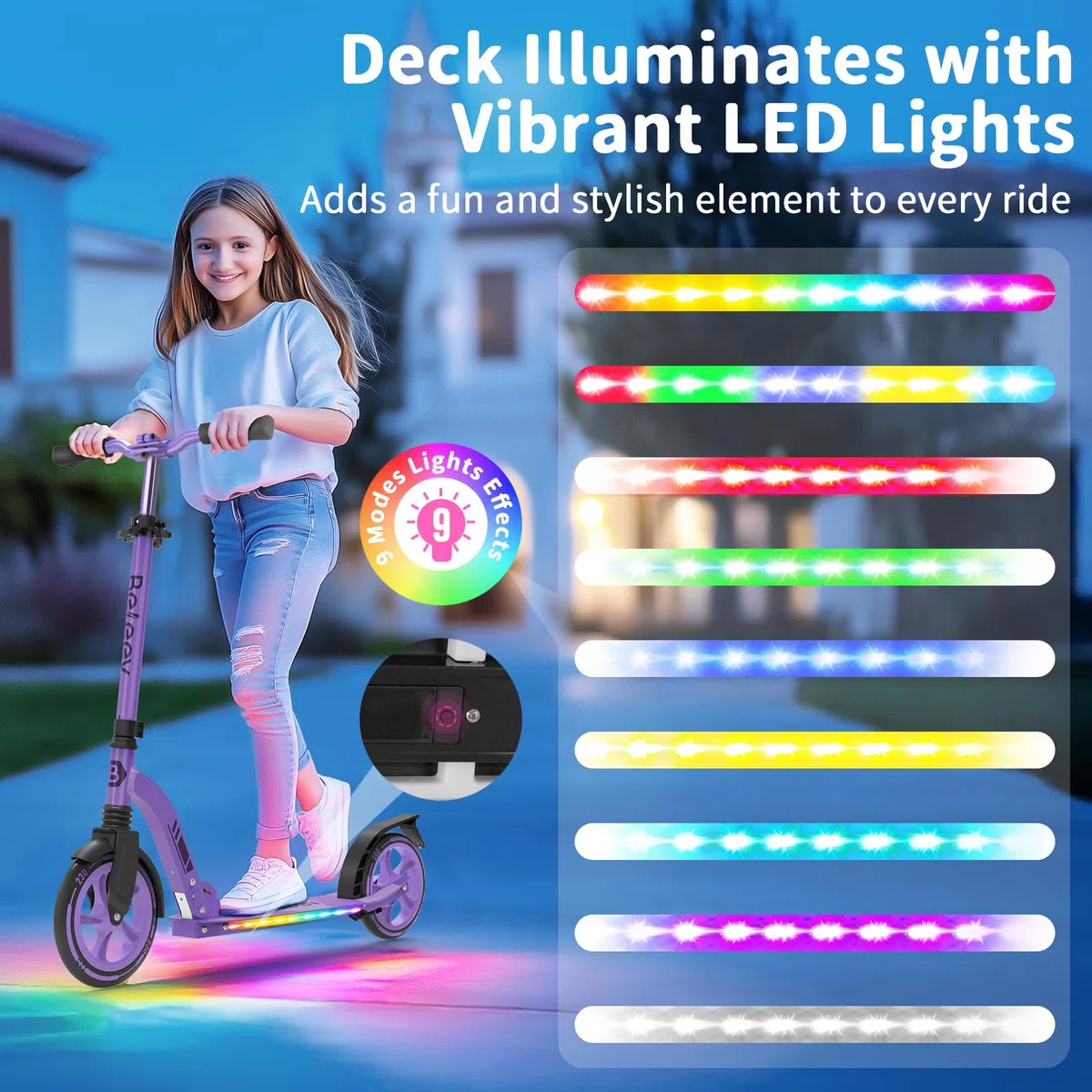 BELEEV Patinete Niño 2 Ruedas con LED Luces Deck,5 Altura Ajustable, Plegable Patinete Big Wheel 230mm Aluminio Scooter Adult con Correa de Transporte, Marco Resistente para 6+ Niño Niña y Adulto