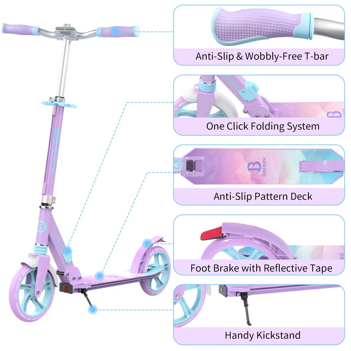 BELEEV V8 Patinete de 2 Ruedas, Plegable Patinete con LED Luces Stem, Deck, Altura Ajustable, Big Wheel 200mm Scooter Adult con Correa de Transporte, Marco Resistente para 6+ Niño Niña Adulto