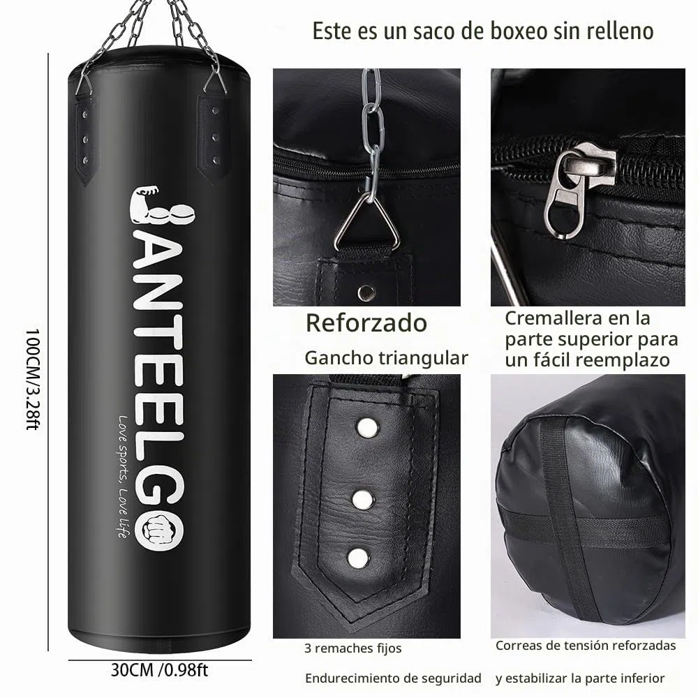 Saco de Boxeo Sospeso e Saco Boxeo Adulto Sin Relleno JanTeelGO 100 cm Materiale PU con Catena di Montaggio e Gancio a Soffitto Uomo Donna Adolescenti Bambino MMA Kick Boxing Muay Thai Karate