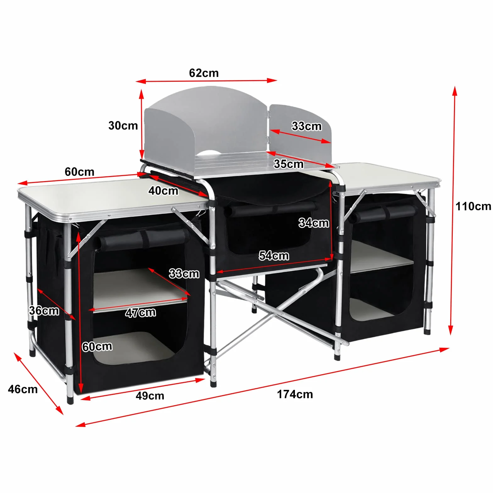 Cocina de Camping Armario de Camping Plegable con Estructura de Aluminio Compartimentos de Almacenamiento Cocina al Aire Libre, Incluye Bolsa de Transporte