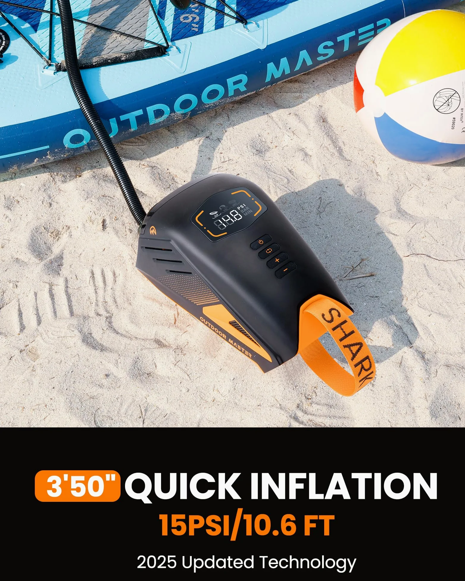 OutdoorMaster Shark 3 Bomba de Aire Electrica - Inflation Rapide en 3'50", 20PSI Sup Bomba Recargable pour Sup de 74Wh - Arrêt Automatique et Déflation, Entrée 12V/15,8V DC et Type-C, 8 Boquillas