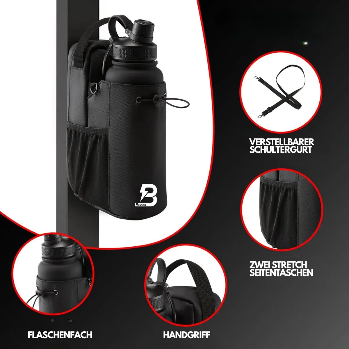 Benson - Bolsa de fitness magnética con fuerte fijación magnética, soporte para botella de 1200 ml, compartimento para teléfono móvil y mosquetón, para hombre y mujer, ideal para deportes, uso diario