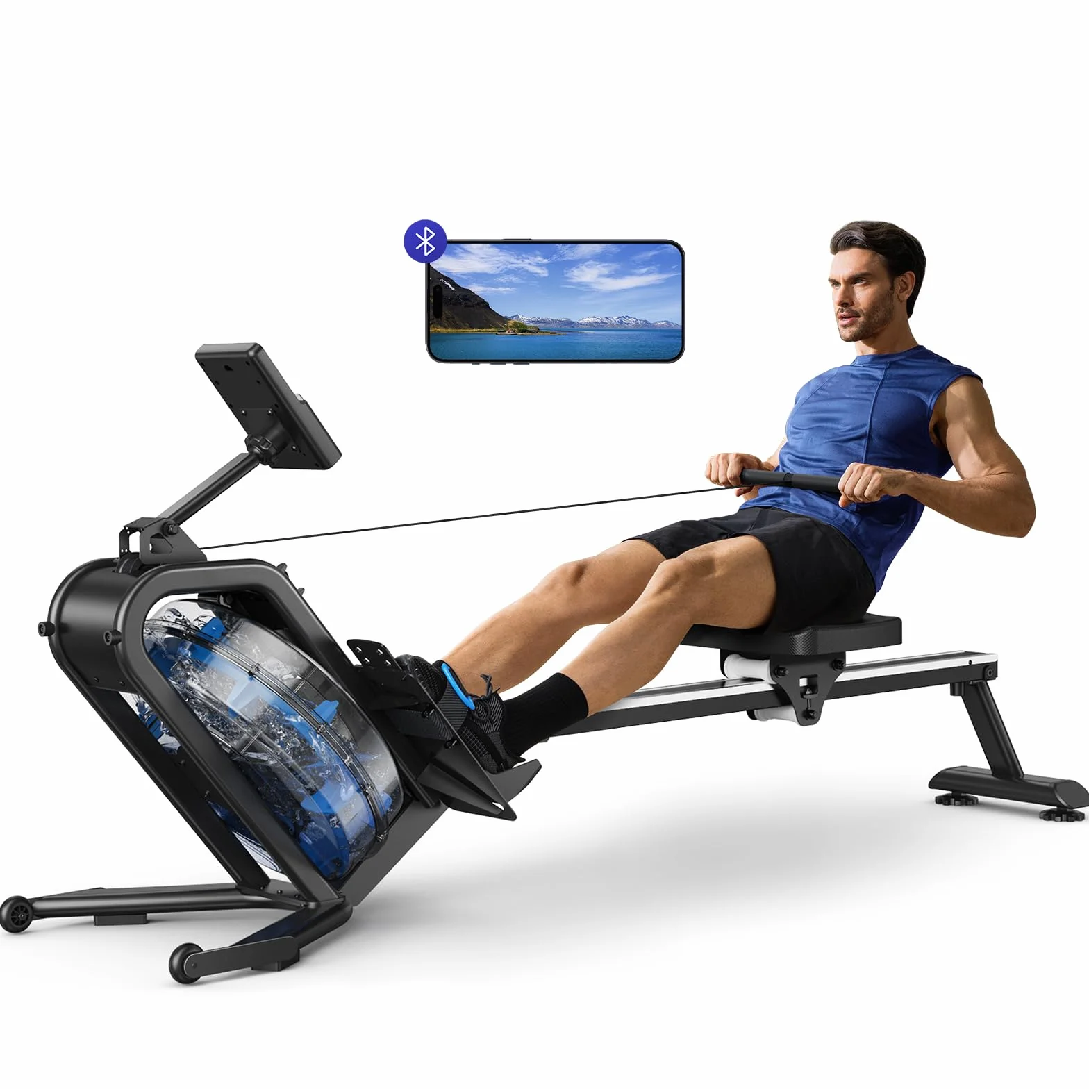 MERACH Remo de Agua para Casa, Máquina de Remo con Resistencia al Agua de 15 L, Conectividad Bluetooth y App, Soporte para iPad, Asiento Ergonómico
