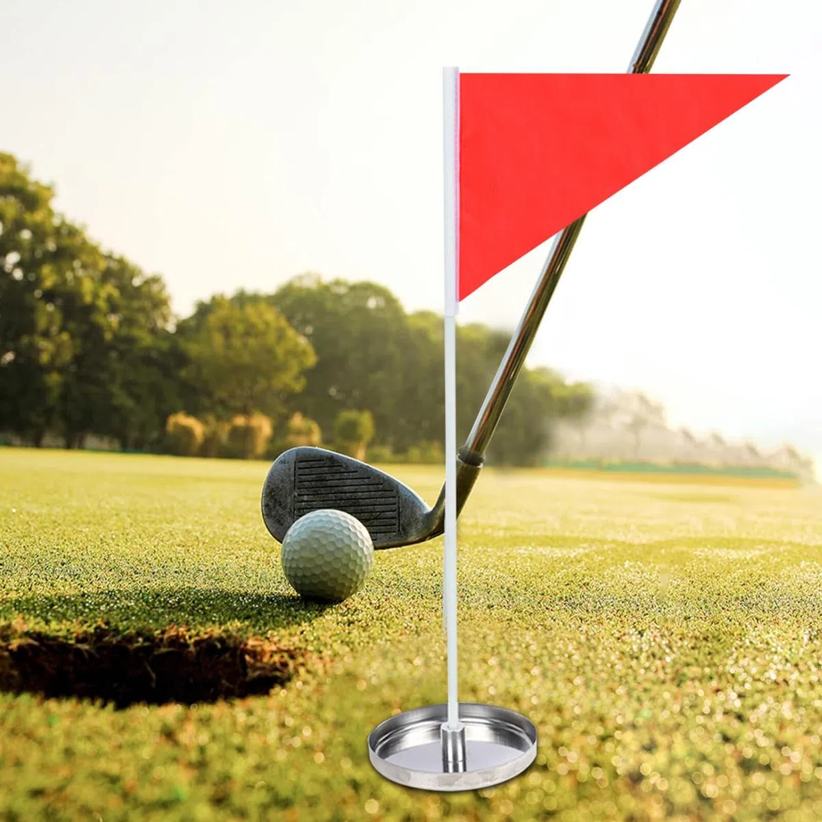 Bandera de agujero, entrenador de poner, juego de objetivos de práctica, construcción de presión de acero inoxidable, uso en interiores y exteriores para patio trasero o rango, tamaño de la bandera
