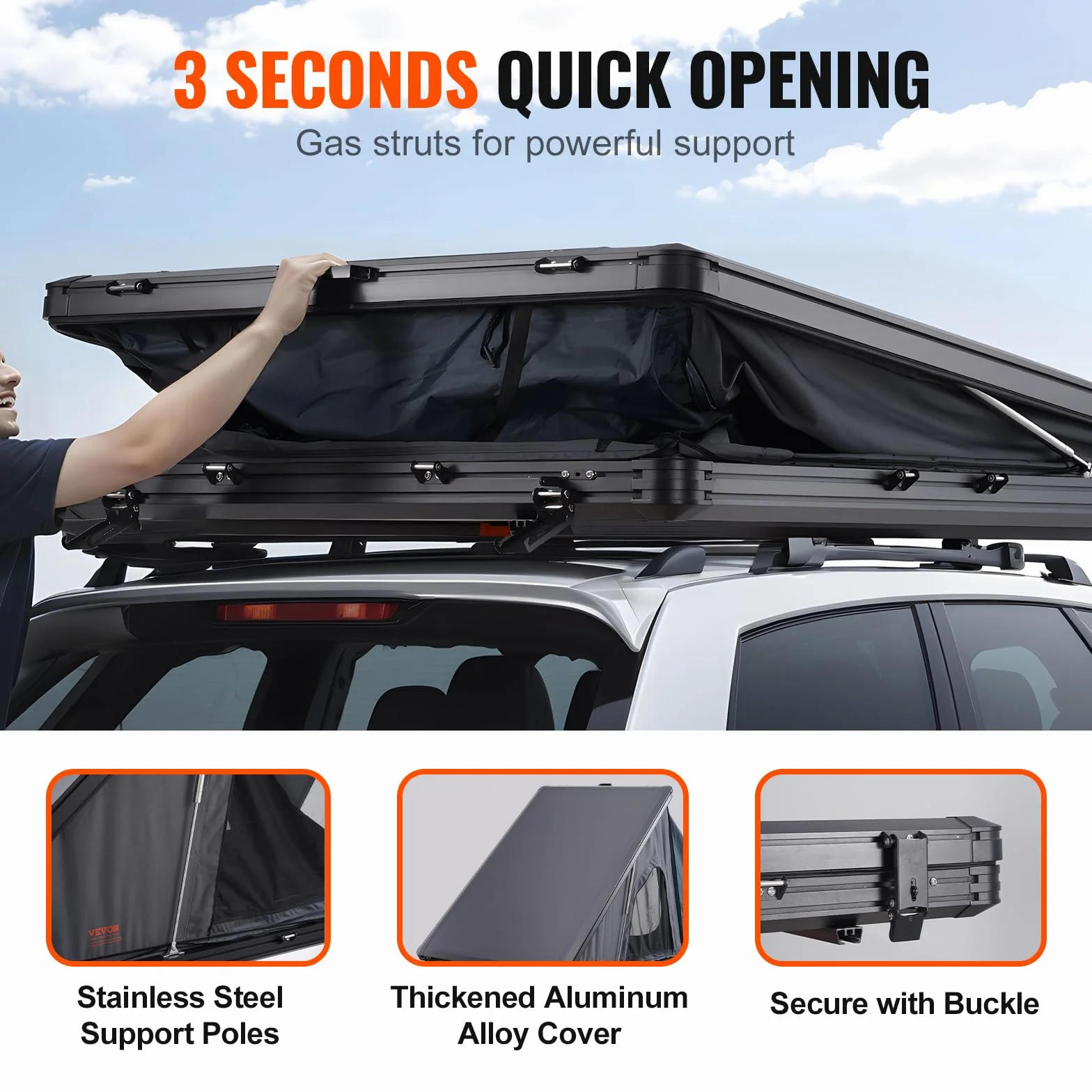 VEVOR Tienda de Techo Rígida para 2 o 3 Personas, con Escalera Telescópica y Colchón Grueso, Impermeable y Resistente al Viento para Camionetas Jeep, SUV y Furgonetas, 1460 x 2630 x 1290 mm, Negro