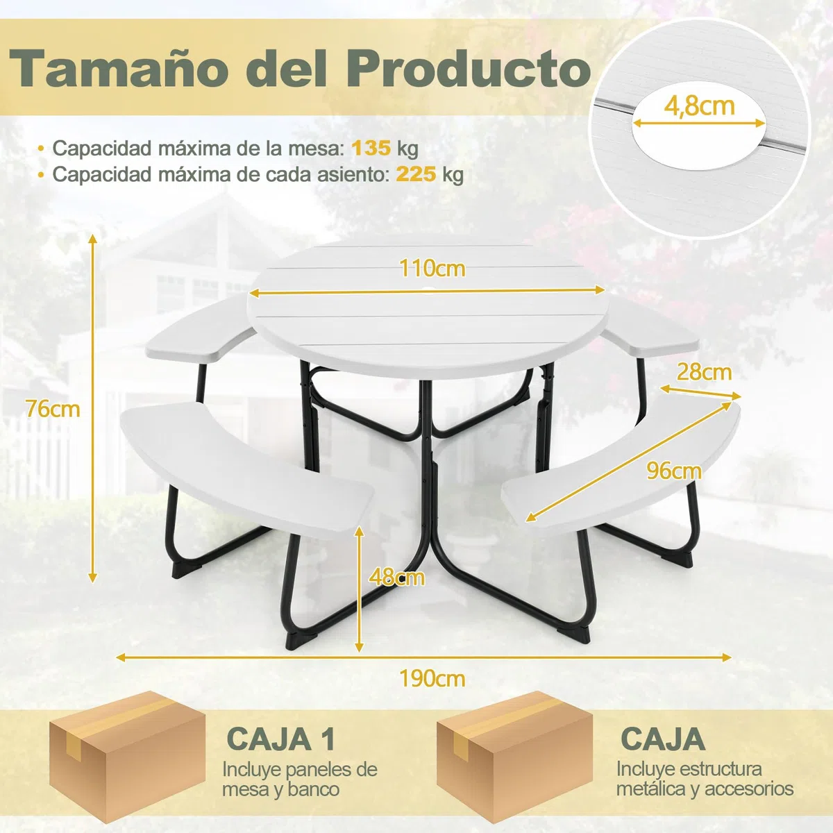 COSTWAY Conjunto de Mesa de Camping con Banco, 8 Personas, Mesa Camping Redonda con 4 Bancos,HDPE, Orificio para Sombrilla, Mesa y Sillas Jardin Patio Terraza (Blanco)