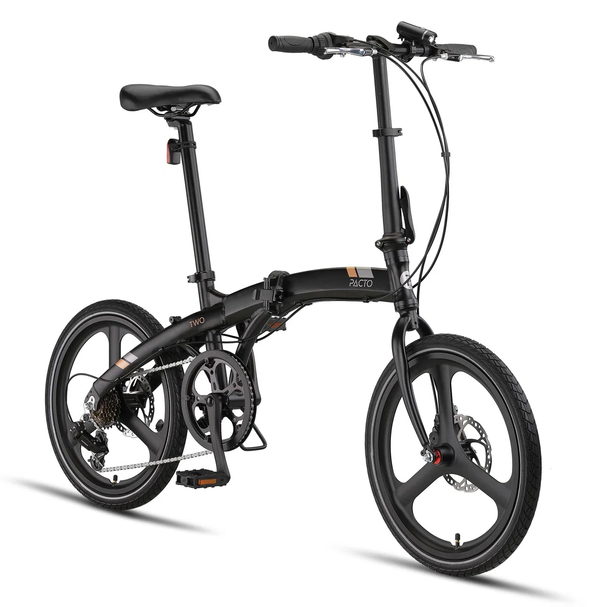 PACTO Bicicleta plegable de 20 pulgadas con sistema de plegado rápido (10 segundos), marco de aluminio, peso ligero (13 kg), Shimano de 6 velocidades, freno de disco doble y luz LED