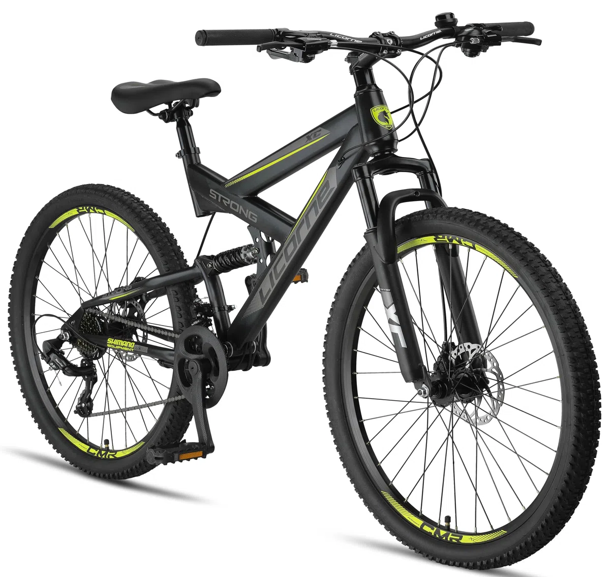 Licorne Bike Bicicleta de montaña Strong 2D, para niños, niñas, mujeres y hombres, freno de disco delantero y trasero, 21 velocidades, suspensión completa, negro/lima, 27,5 pulgadas