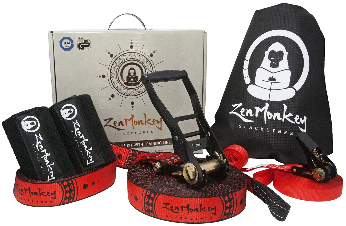 ZenMonkey Slackline Kit con línea de Entrenamiento Superior, Entrenador de Brazos, Protectores de árboles, Bolsa de Transporte de Tela e Instrucciones, 60 pies, fácil instalación para la Familia,