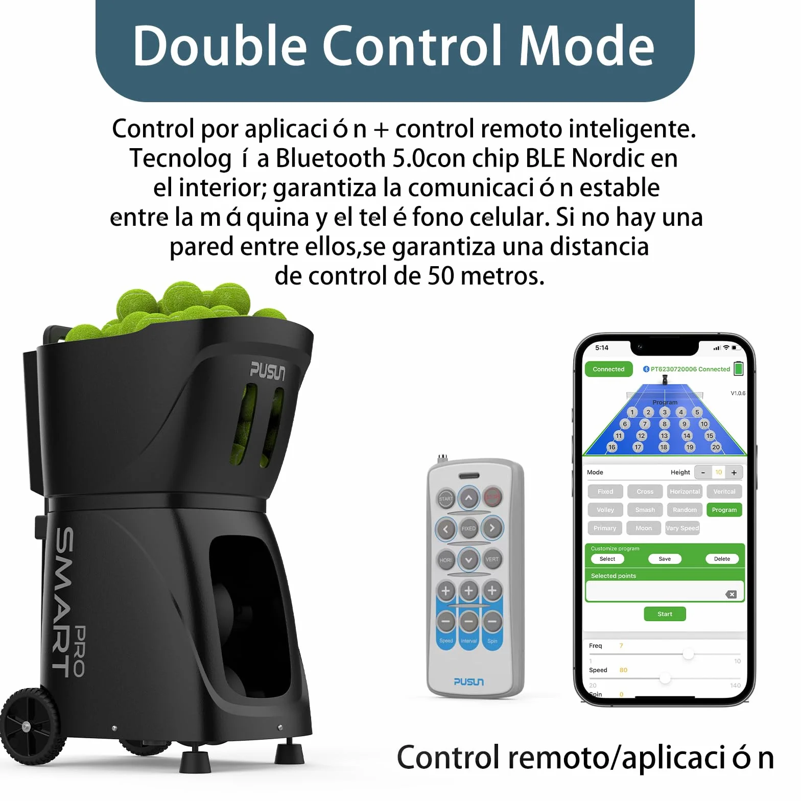 Genérico PT-Smart Pro-Máquina Lanzadora de Pelotas de Tenis, Control App, Efecto Topspin Profesional, 20 Puntos Programables, 100+ Pelotas, Batería 4-6h