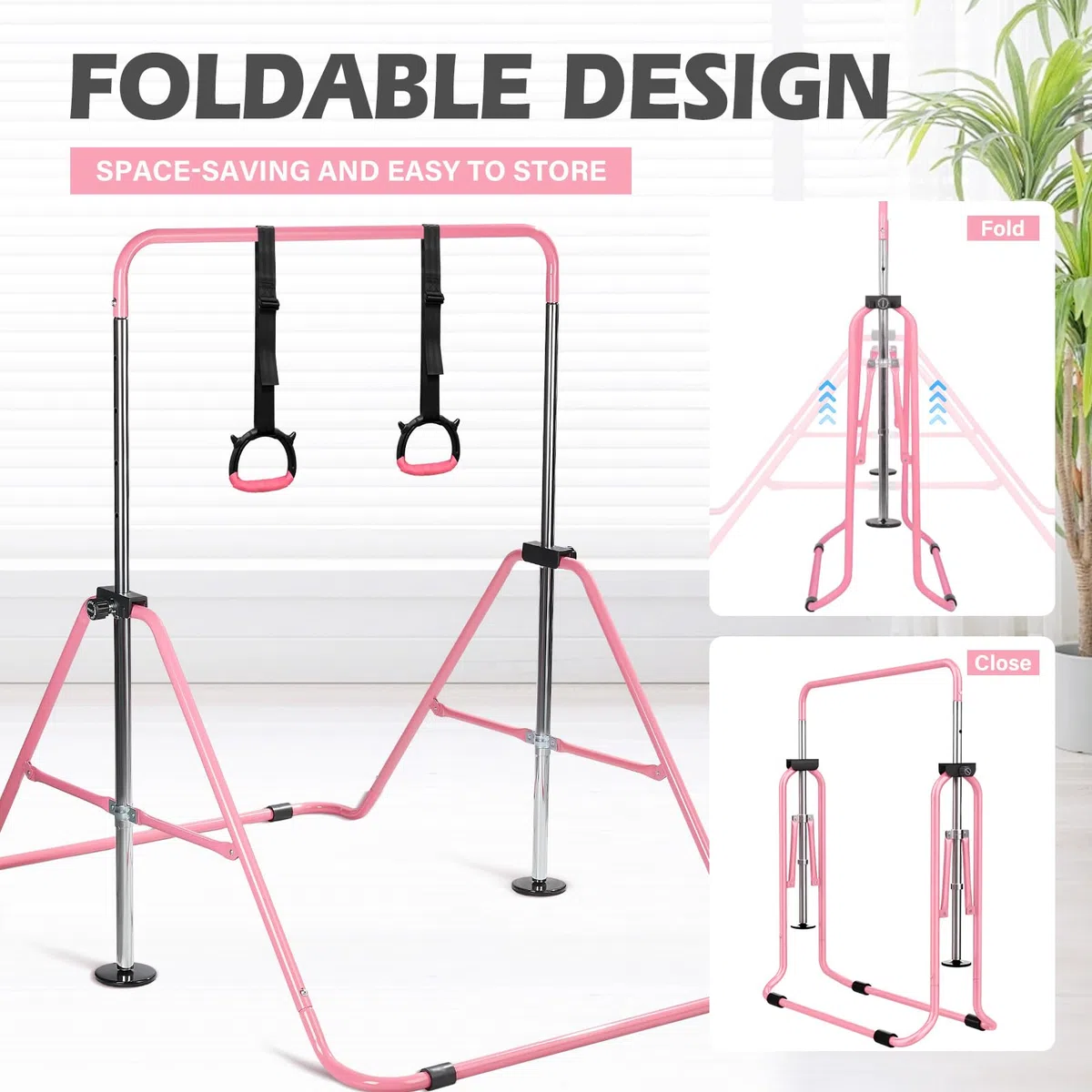 Barra de Gimnasia para Niños Plegable: Barra Horizontal Ajustable en Altura 91-132 cm con Anillas - Equipo de Gimnasia para Casa, Interior Exterior para Niños y Niñas