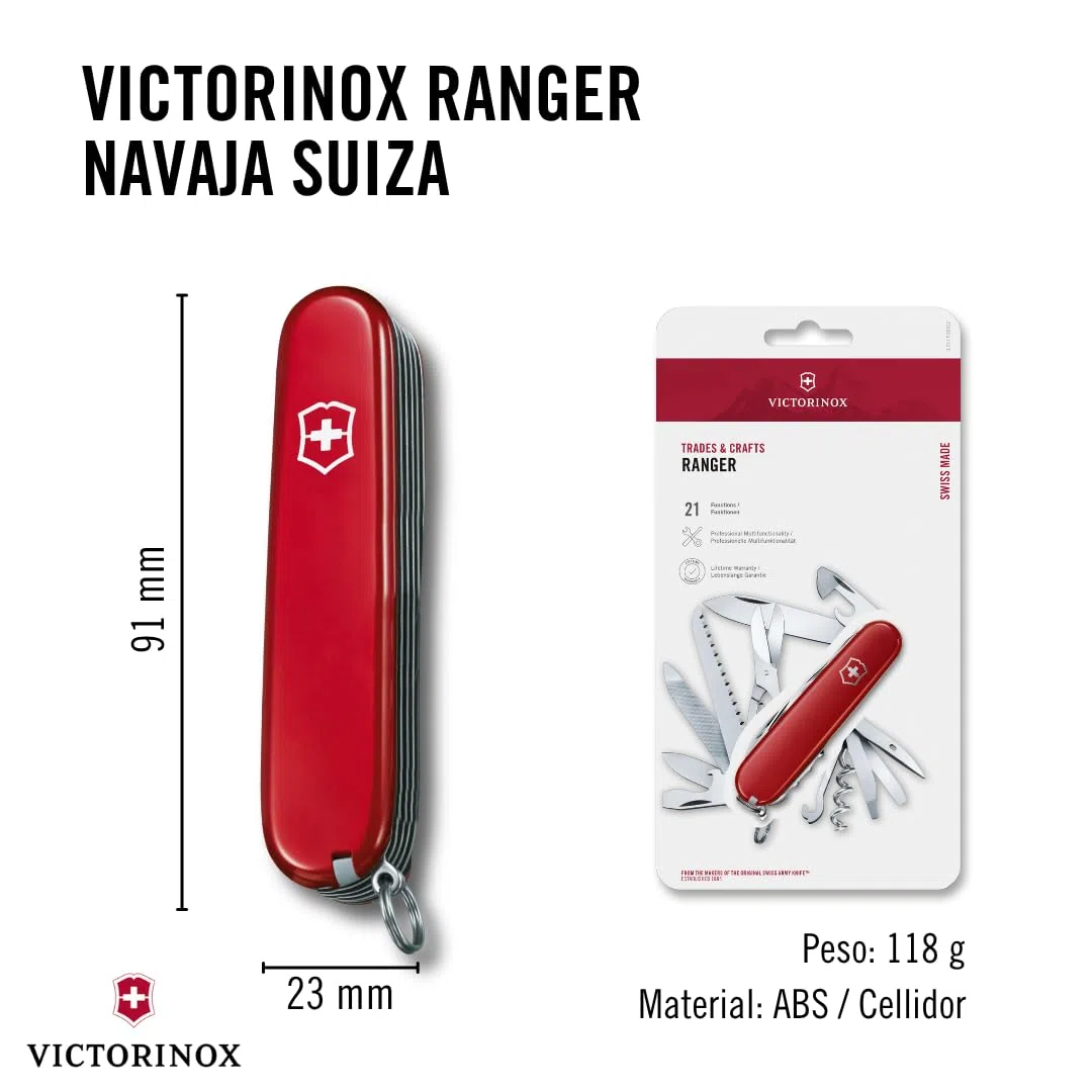 Victorinox Ranger, Navaja suiza con 21 funciones, incluyendo sierra para metal, cincel de madera y tijeras, de color rojo